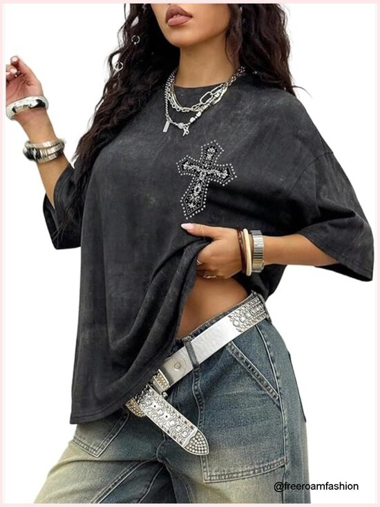 Tops - Oversized Y2K Gothic Rhinestone Graphic Tee Half Sleeve Vintage Streetwear